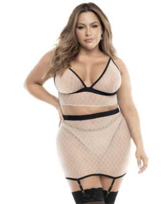 Soutien-gorge, string et jupe, grande taille, résille Chair/Noire 